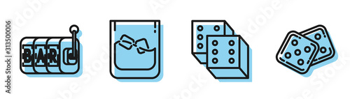 Set line Game dice, Slot machine, Glass of whiskey and ice cubes and Game dice icon. Vector
