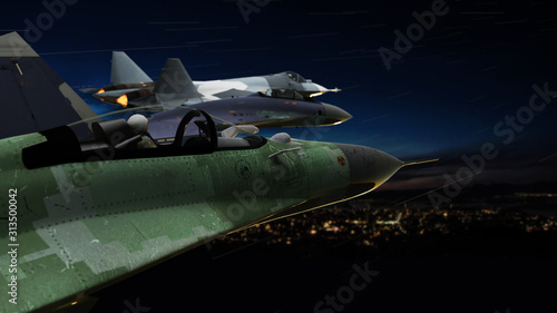 Russian military jets flying over city in echelon formation 3d render