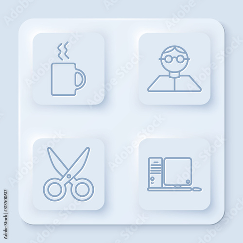Set line Coffee cup, Student, Scissors and Computer monitor with keyboard and mouse. White square button. Vector