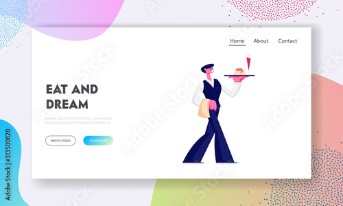 Hospitality Service Website Landing Page. Waiter Wearing Uniform Carrying Tray with Glass of Red Wine and Plate with Pasta and Sauce. Restaurant Staff Web Page Banner. Cartoon Flat Vector Illustration