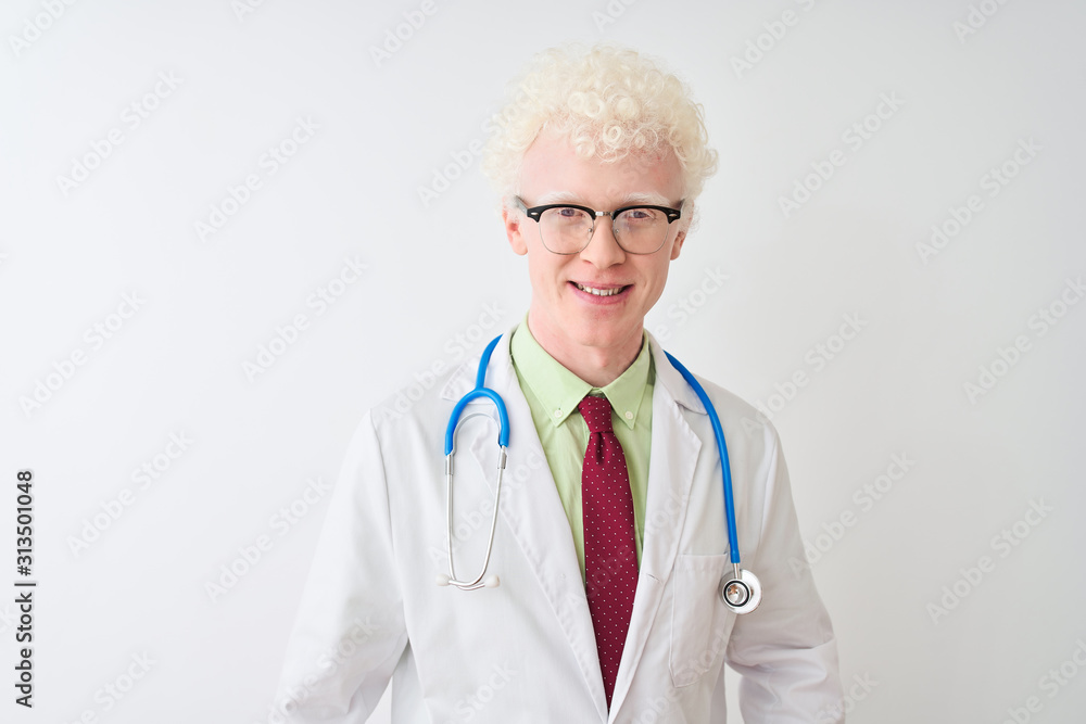 Young albino doctor man wearing stethoscope standing over isolated white background with a happy and cool smile on face. Lucky person. Young albino doctor man wearing stethoscope standing over isolated white background with a happy and cool smile on face. Lucky person.