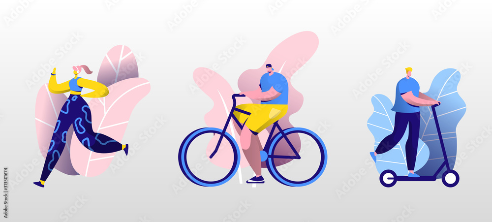 Obraz premium Young People Sport Activity Set. Man Riding Scooter, Woman Running, Cyclist Riding Bike. Dwellers Spare Time or Leisure. Characters Relaxing in City Park at Summertime Cartoon Flat Vector Illustration