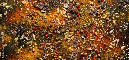 Spices background, set of aromatic spices, herbs and salt, copy space, close-up view