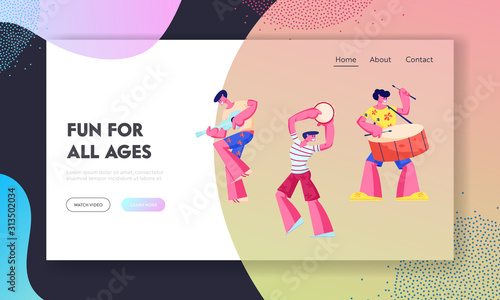 Rio Carnival Musicians Website Landing Page. Young Men Playing Drums and Ukulele at Traditional Festival in Brasil. Artists with Different Instruments Web Page Banner. Cartoon Flat Vector Illustration