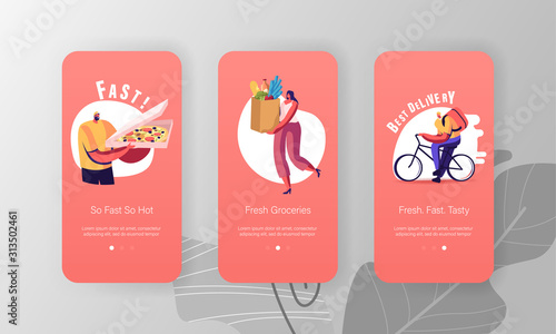 Delivery Service Order Shipping Mobile App Page Onboard Screen Set. Courier Delivering Pizza on Bicycle, Woman Carry Bag with Food Concept for Website or Web Page, Cartoon Flat Vector Illustration