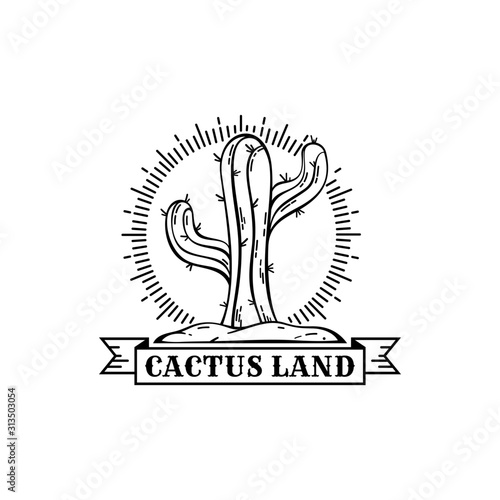 Vintage cactus sun logo with sharp thorns vector design. Cacti logotype. Outline retro cactus emblem. Hipster logo of wild traveling in the desert