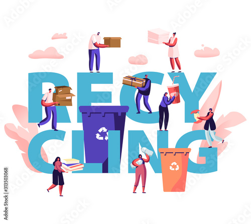 Recycling Concept. People Throw Garbage into Containers with Recycle Sign. City Dwellers Collecting Trash. Pollution, Ecology Protection Poster Banner Flyer Brochure. Cartoon Flat Vector Illustration