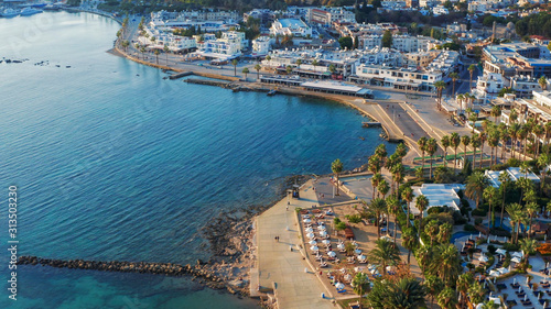 Fototapeta Naklejka Na Ścianę i Meble -  Aerial view of Paphos town in Cyprus. Paphos embankment or coastline with sea and hotels on seaside. Mediterranean resort concept.