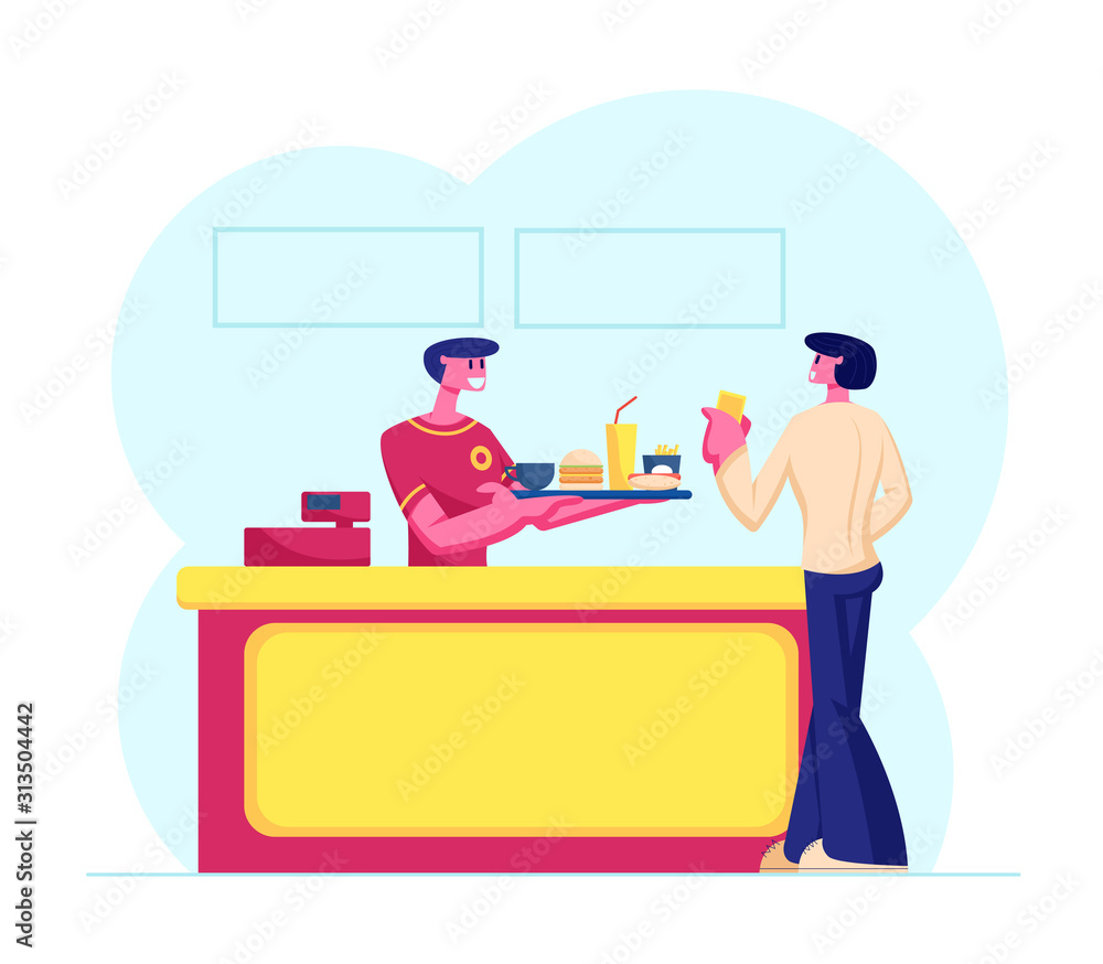Young Man Customer Buying Fast Food Combo Set at Counter Desk with Friendly Salesman in Uniform Giving Tray with Hamburger, Fried Potato, Soda Drink, Hotdog and Coffee Cartoon Flat Vector Illustration