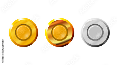Set capsule off bullets icon gold and silver. Weapon rim and primer small arms cartridges, base. Firing pin which ignites the propellant cartridge. Isolated vector illustration.