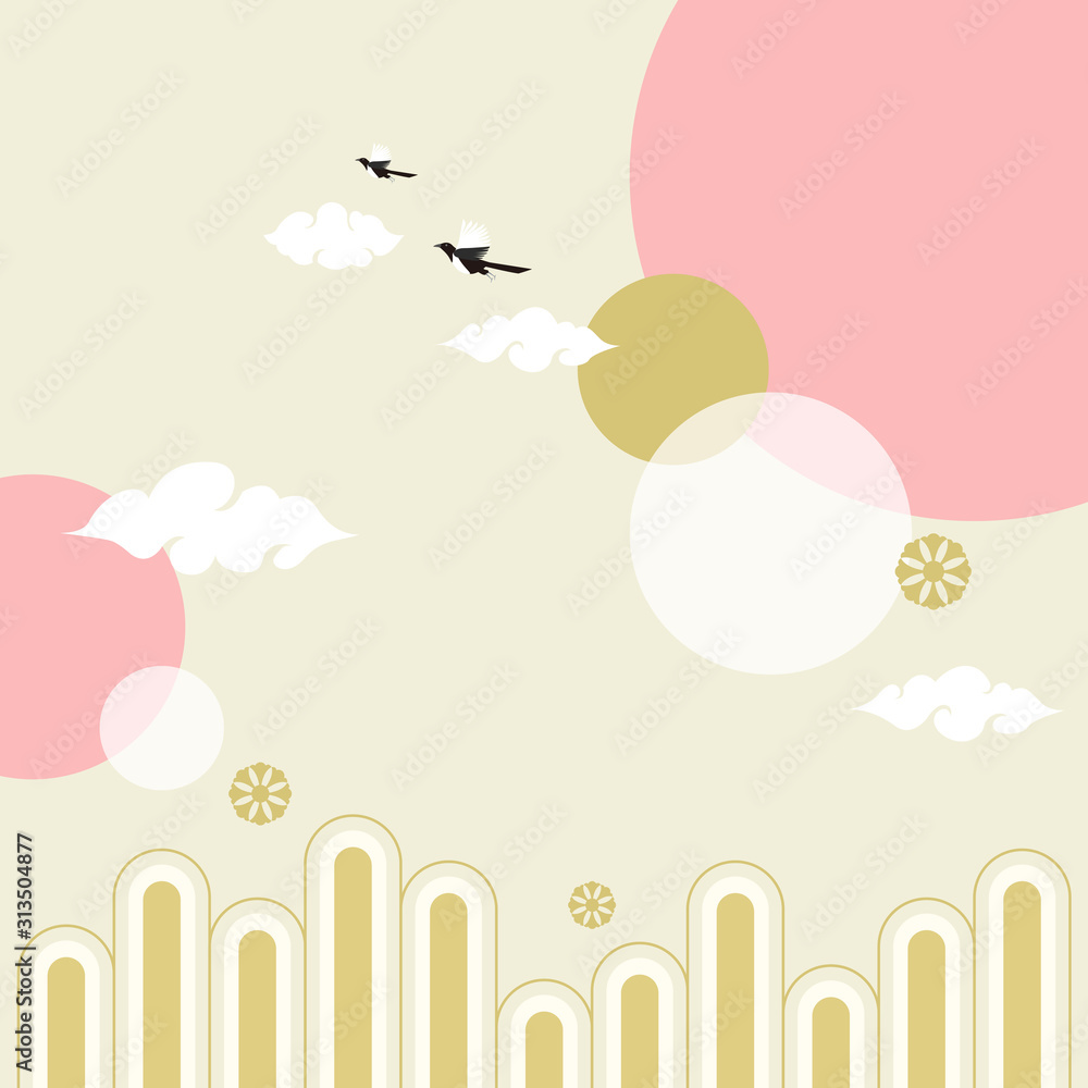 Korean traditional vector illustration. Magpie with cloud and mountain ...