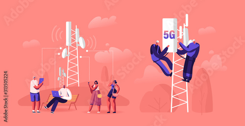 5g Technology Concept. Workers on Transmitter Tower Set Up High-speed Mobile Internet, City Dwellers Using New Generation Networks for Communication and Gadgets. Cartoon Flat Vector Illustration photo