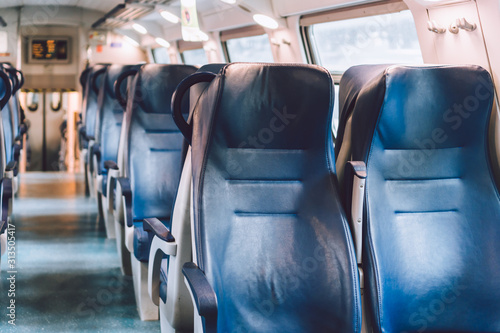 Interior of railway passenger car of the second class in train in Lombardy in Italy. Train interior. Blue seats in a commuter train. Interior of an Italian railway carriage. Empty without people