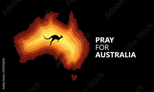 Australia fire. Social poster about climte cataclysm. Kangaroo runs from the fire on a background of the map of Australia. Vector stock illustration.
