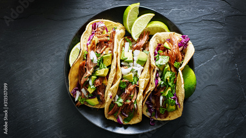 mexican street tacos flat lay composition with pork carnitas, avocado, onion, cilantro, and red cabbage photo