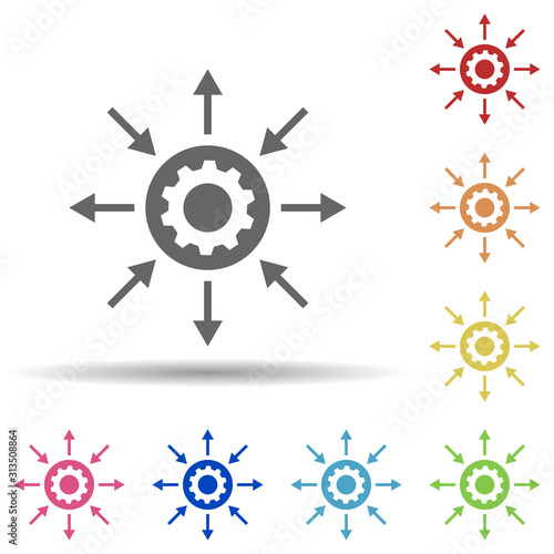 Arrow, gear, settings, differentiation in multi color style icon. Simple glyph, flat vector of business icons for ui and ux, website or mobile application