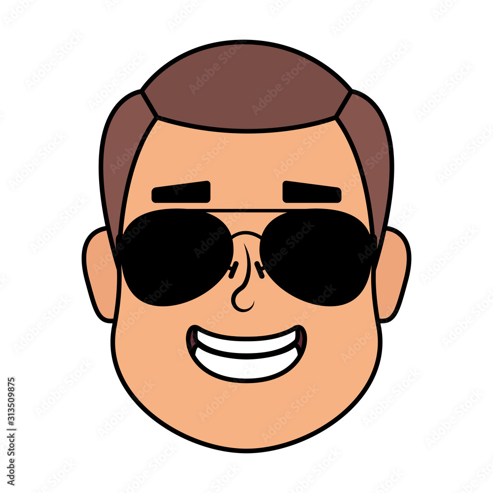 young man head with sunglasses character young man head with sunglasses character