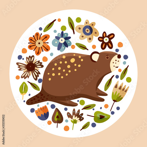 Cartoon cute beaver forest vector animal card in a flat scandinavian style. Woodland hand drawing funny nature round vintage illustration.