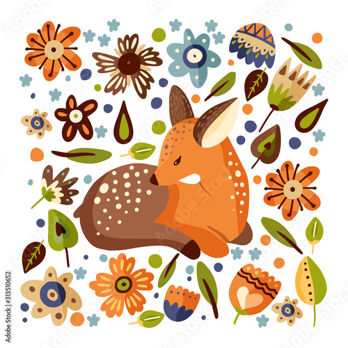 Cute vector illustration with a little fawn woodland animal in a flat style. Forest square hand painted reindeer postcard with botanical floral elements - flowers and foliage.
