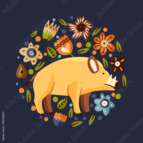Wild boar woodland flat vector animal round illustration. Cute cartoon hog character with ornate floral botanical elements.