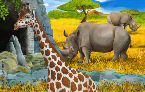 cartoon wildlife safari scene with lion and giraffe illustration for children