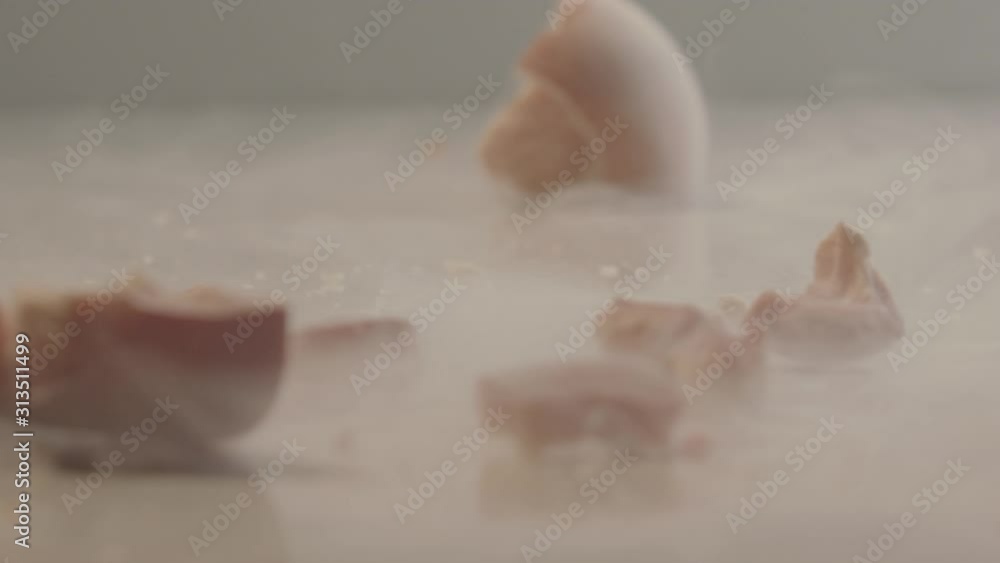 Frozen with liquid nitrogen tomato falling down and get crashed on the white background in the studio lights Frozen with liquid nitrogen tomato falling down and get crashed on the white background in the studio lights