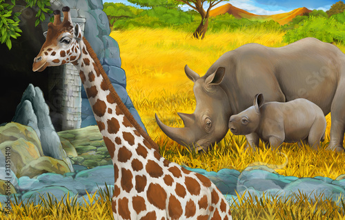 cartoon wildlife safari scene with lion and giraffe illustration for children