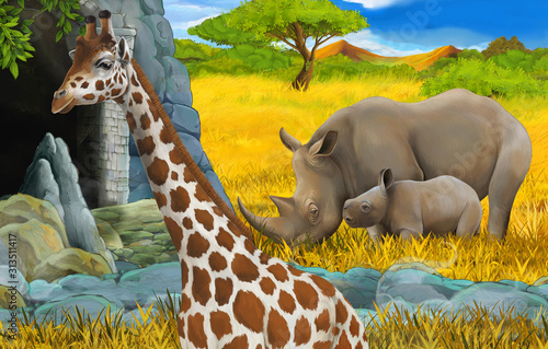 cartoon wildlife safari scene with lion and giraffe illustration for children