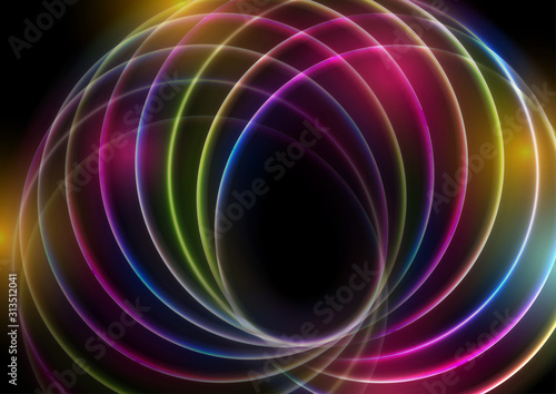 Colorful neon glowing circles abstract retro background. Vector design