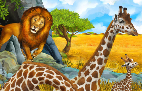 cartoon wildlife safari scene with lion and giraffe illustration for children