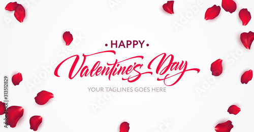 Happy Valentine Day calligraphy lettering on a background of pink rose petals. Valentines day background. Vector illustration