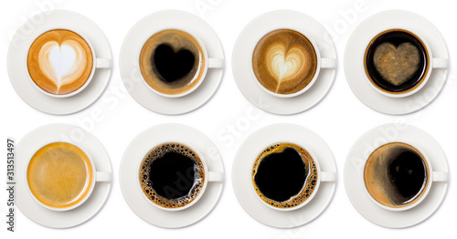 coffee cup assortment top view collection, coffee cup assortment with heart sign top view collection isolated on white background. © Freedom Life