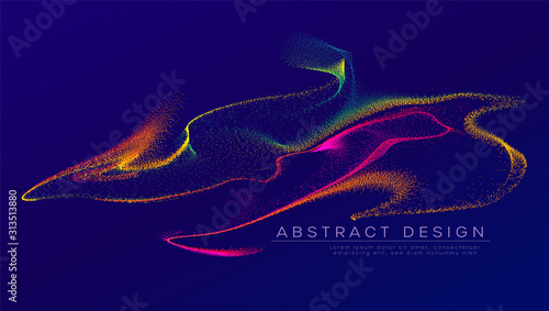 Glowing particles liquid dynamic flow. Trendy fluid cover design. Graphic background explosion, motion burst. Liquid color background design. Digital design concept. Vector illustration