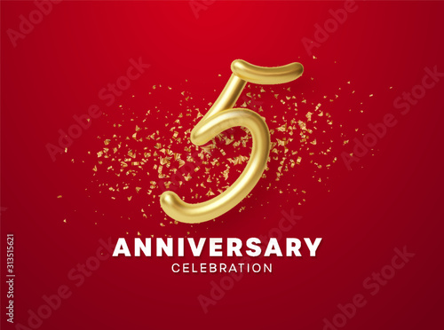 Anniversary celebration design with Golden numbers, sparkling confetti and glitters. Realistic 3d festive illustration. Party event decoration. Vector illustration