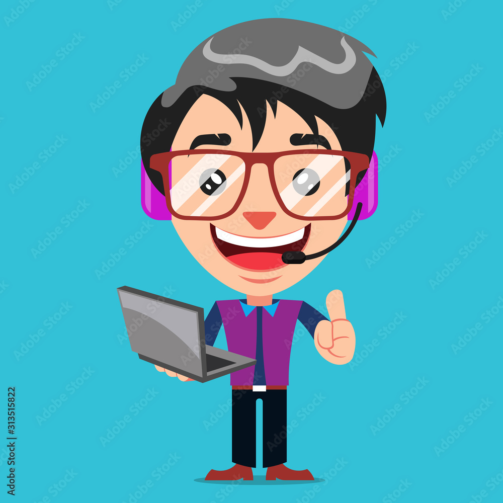 Funny Guy Nerd Cartoon Customer Service Call Center Vector Funny Guy Nerd Cartoon Customer Service Call Center Vector