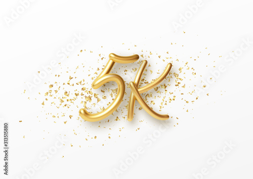 5k followers celebration design with Golden numbers, sparkling confetti and glitters. Realistic 3d festive illustration. Party event decoration. Vector illustration