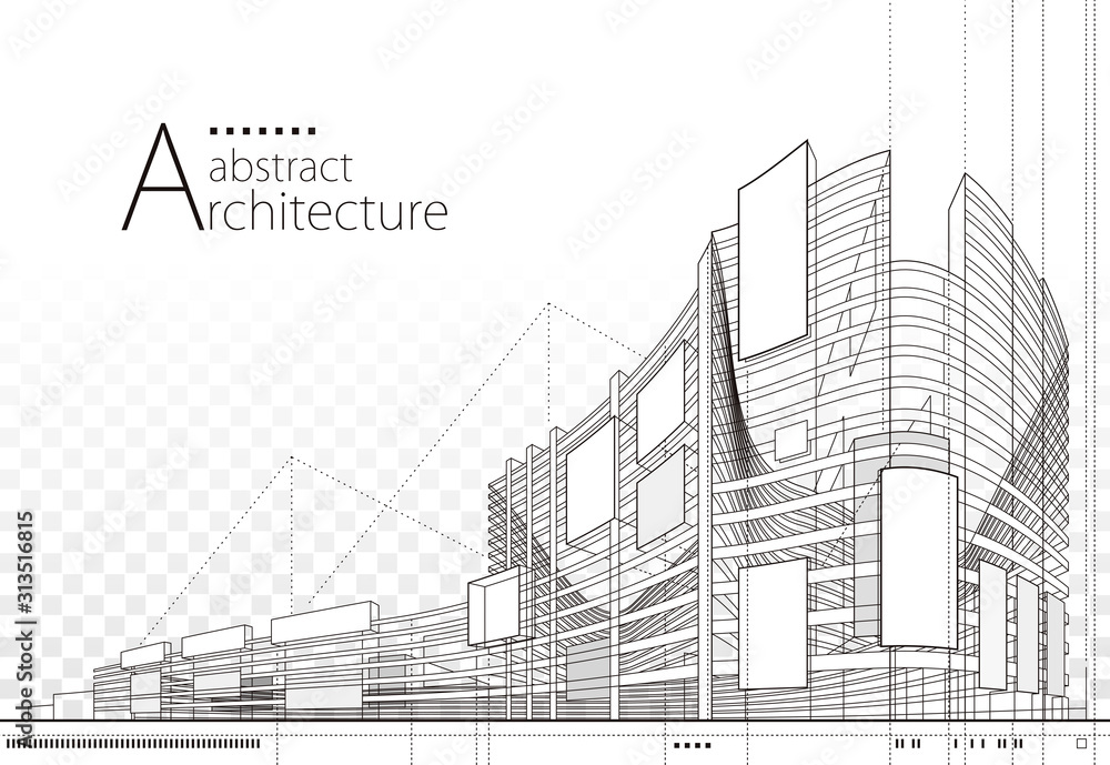Plakat 3D ilustracja architektura budynek konstrukcja perspektywa projekt, abstrakcyjny nowoczesny rysunek linii budynku miejskiego.