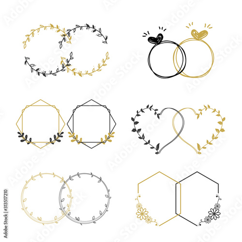 Set of frame hand-drawn black and gold element for decoration wedding card or Valentine day card. Vector illustration.