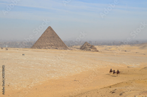 Tourists riding camel exploring the Giza Plateau with the Pyramids around.