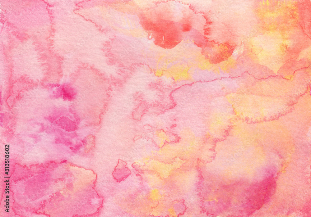 Pink orange watercolor paint splash or blotch background with fringe bleed wash and bloom design, blobs of paint and old vintage watercolor paper texture grain