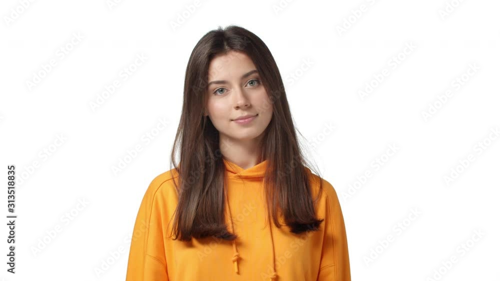 Yes of course, I understant. Slow-motion polite adorable girlfriend visit boyfriends parents listen to conversation, agree with words, nod in approval, understand, standing white background Yes of course, I understant. Slow-motion polite adorable girlfriend visit boyfriends parents listen to conversation, agree with words, nod in approval, understand, standing white background