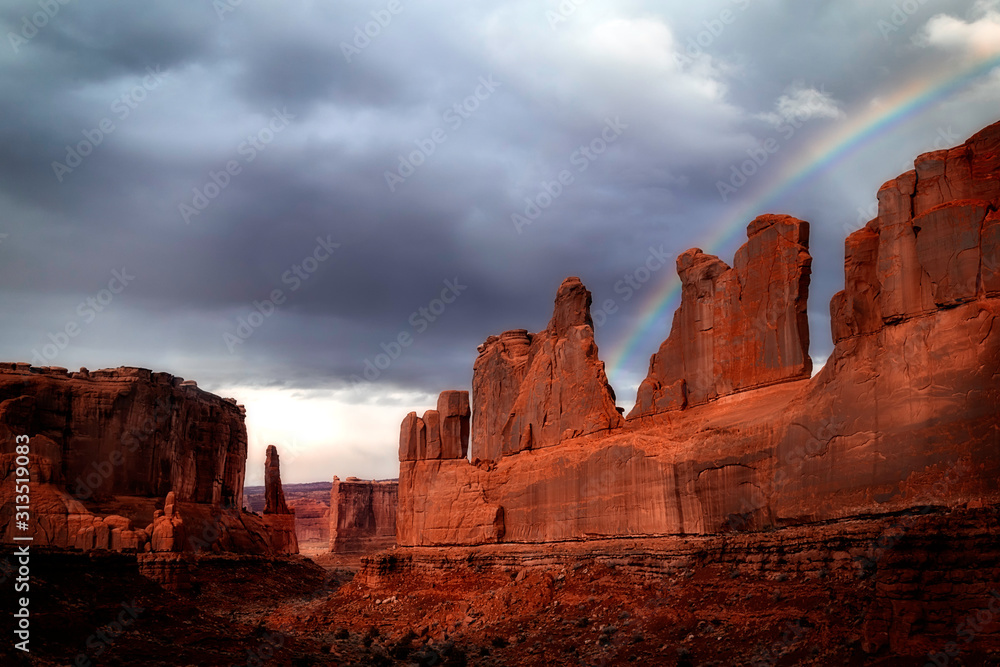 Rainbow over Park Ave Viewpoint in Arches National Park