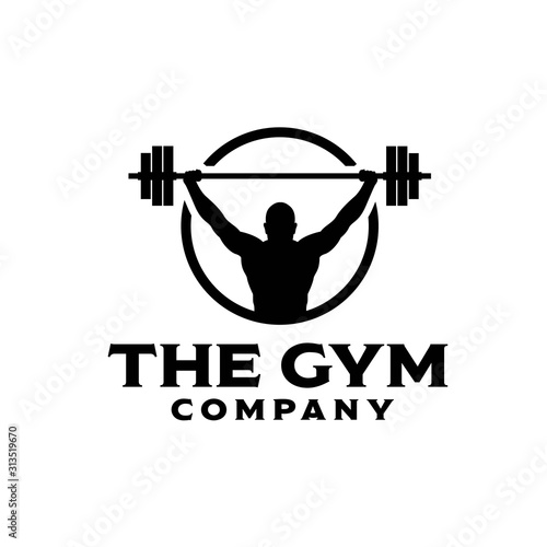 Fitness logo badge with muscle man, Gymnastic logo template vector, Body Build logo badge