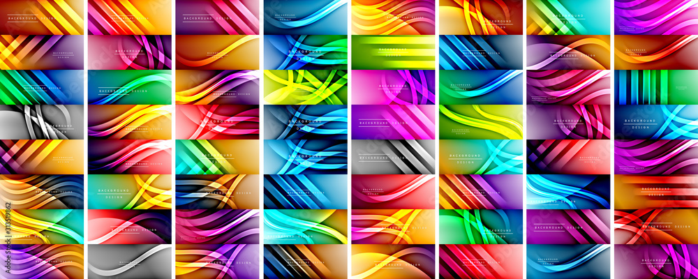 Mega set of dynamic trendy fluid color gradient abstract backgrounds with flowing wave lines. Vector Illustrations