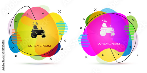 Color Self driving wireless tractor on a smart farm icon isolated on white background. Smart agriculture implement element. Abstract banner with liquid shapes. Vector Illustration