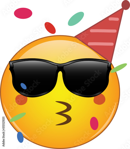 Cool party emoji celebrating birthday! Yellow face emoticon wearing shades and a party hat, kissing lips or whistling as confetti floats around its head. Expression of celebration, fun, awesome.	