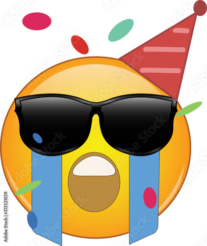 Crying party emoji. Sad emoticon at the party, wearing party hat, tears running down its cheeks from behind sunglasses. Expression of drama at the party.