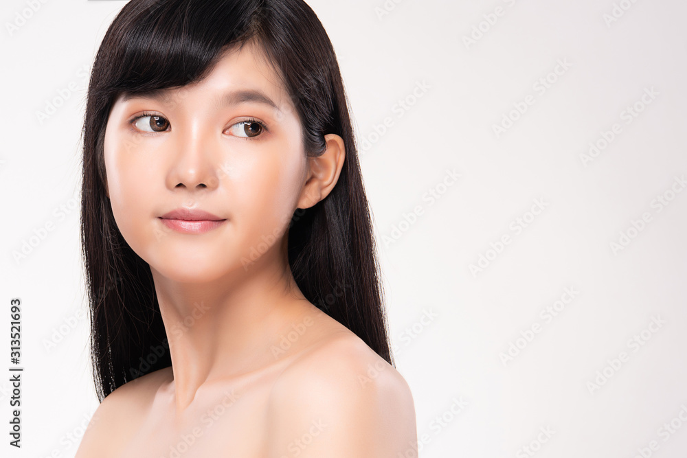 Beautiful Young Asian Woman with Clean Fresh Skin. Face care, Facial treatment, on white background, Beauty and Cosmetics Concept. Beautiful Young Asian Woman with Clean Fresh Skin. Face care, Facial treatment, on white background, Beauty and Cosmetics Concept.