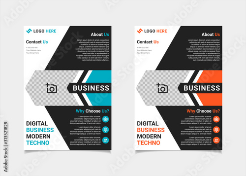 Business flyer template vector design, A4 brochure template blue and orange geometry shapes used for business poster layout, IT Company flyer, corporate banners, and leaflets