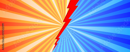 Pop art background of comparison with red lightning and rays on expressive background. Vs battle challenge. Screen in retro comic book style. Template for sports events. Vector superhero illustration